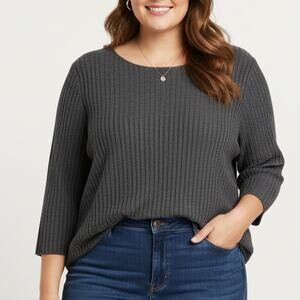 Eileen fisher ribbed 100% merino wool sweater gray 3/4th sleeve boxy lagenlook